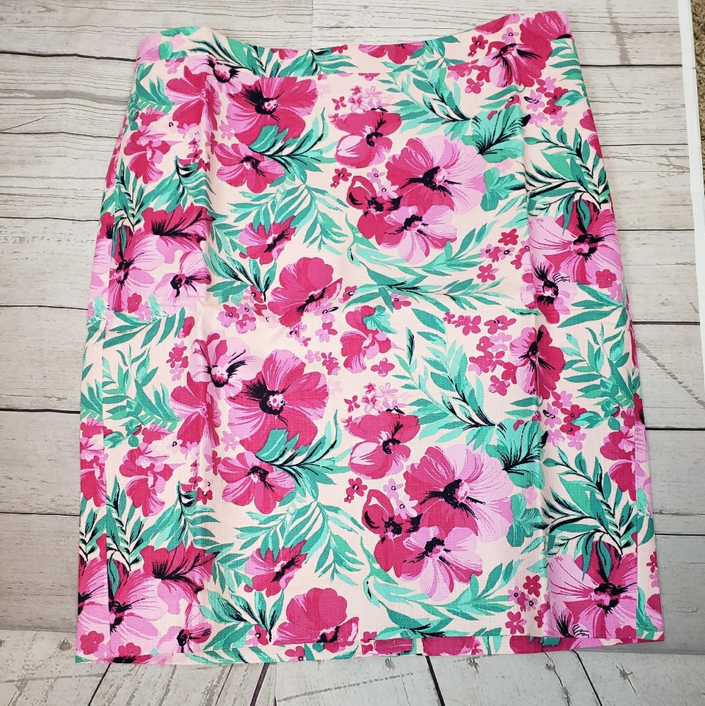 J. Crew Factory Pink Floral Pencil Skirt with Green Leaves